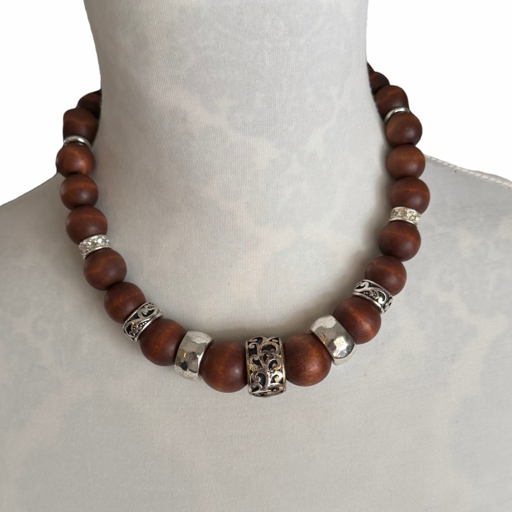 Boho Wood Bead Statement Necklace with Silver Accent Spacers